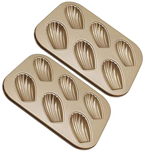 TYREE Confezione da 2 stampi per torta a forma di Madeleine, utensili da cucina antiaderenti robusti in conchiglia Madeline per cottura al forno (oro)
