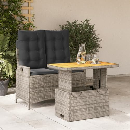 Festnight Gartensofa Verstellbare Rückenlehne Gartensofa 2-Sitzer mit Tisch Verstellbare Balkonmöbel Rattan Balkonsofa Balkon Sitzgruppe Rattansofa Gartenmöbel Couch Terrasse Gartenbank (Grau)