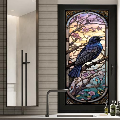 WBQMUNY Stained Glass Window Film,Crow Painted Frosted Static Cling,Privacy Decorative Tinting Film for Home Frosted Bathroom Window Coverings Static Cling Non-Adhesive 17.7x39.5