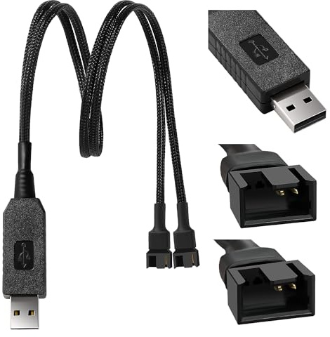KUOQIY 50cm Full Speed 12V Step-Up USB Stecker auf Dual 3Pin und 4Pin Stecker PC-Lüfter Anschlusskabel, USB A auf 3Pin/4Pin Ummanteltes Netzteilkabel, Geflochtenes