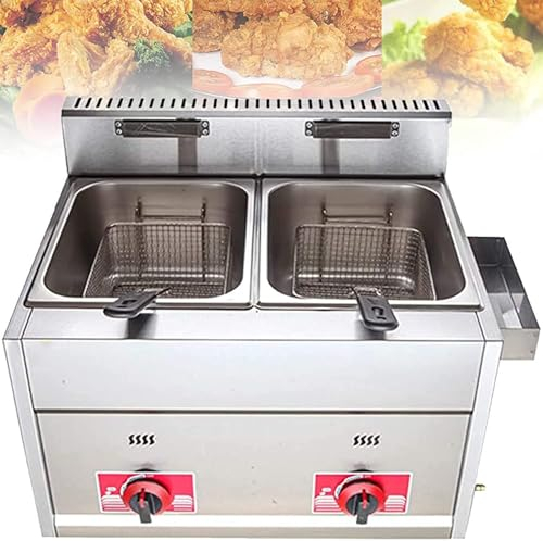 QIANMEI friteuse Huile Friteuse À Gaz Commerciale Professionnelle, Friteuse Au GPL De Comptoir en Acier Inoxydable, Puissance De Feu Réglable, avec Paniers Et Couvercle, Facile À Nettoyer