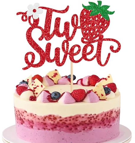 Xsstarmi 1 paquete de decoración para tarta de fresa con dos dulces con purpurina para decoración de pastel de cumpleaños número 2 para decoración de fiesta de cumpleaños de verano con temática de