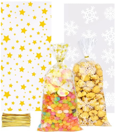YSUVIN 100 Stück Weihnachten Cellophantüten, Schneeflocken Süßigkeiten Tüten, Stern Transparent Plätzchentüten, Transparent OPP mit Twist Krawatten für Plätzchentüten Bonbon Pralinen, 27.5x12.5 cm