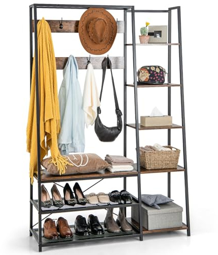 COSTWAY Coat Rack with Shoe Storage, Freestanding Hall Tree Coat Stand with Bench and 9 Hooks, Metal Frame Clothes Rail Garment Hanger Unit for Bedroom Hallway Entryway (5 Side Shelves)