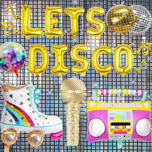 21 Pcs Discokugel Luftballon, 4D Disco Folienballons, DiscoBallons, Radio, Mikrofon, Metallische Glitzervorhang, Disco Mottoparty Geburtstag Abschlussfeier Retro Dekoration, 70 80 90er Jahre Deko