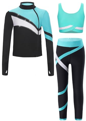 iEFiEL 3tlg. Mädchen Sportanzug Trainingsanzug Kinder Langarm Tops Weste und Leggings Atmungsaktiv Yoga Anzug Kinder Jogginganzug Fitnessbekleidung Blau Grün 146-152