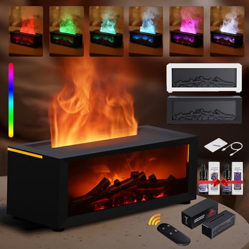 Flammen Fireplace Aroma Diffuser, DuftöL Diffuser Mit Led Kamin Humidifier, Diffusor FüR äTherische öLe 150ml Luftbefeuchter Kamin FüR Zuhause BüRo Schlafzimmer (Black)