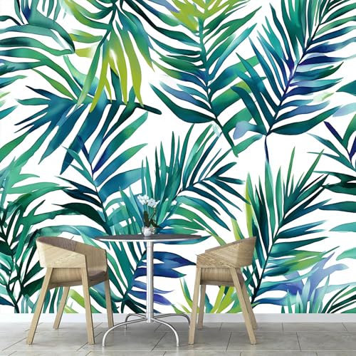 Papier Peint Photo Wallpaper Mural,3D Panoramique Murale Feuilles De Palmier Bleues Usine, Papier Peint soie 450×315 cm, pour Salon, Chambre Enfant Décoration Murale