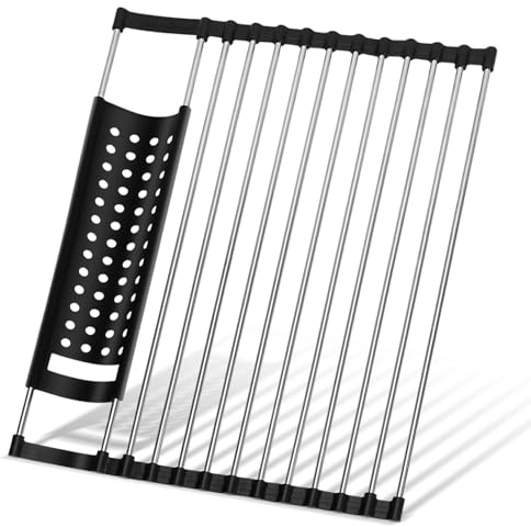 LURICO Abtropfgestell Geschirr mit Besteckfächern (Messer/Gabel/Löffel)–Faltbares Geschirrabtropfgestell für Spülbecken, Schwarz 43x33cm
