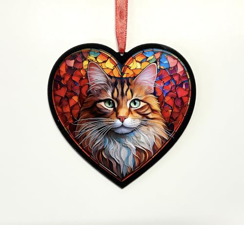 Maine Coon Cat Heart Suncatcher - Memorial or Gift for Cat Lovers - 19cm