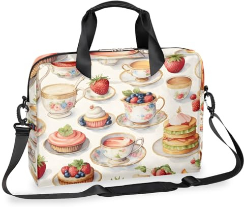 Sac pour ordinateur portable 15,6 à 16 pouces - Fraise - Thé - Gâteau - Étanche - Pour homme et femme, Noir