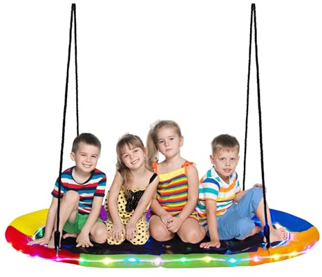 RELAX4LIFE Altalena con Luci LED Colorate e Telaio in Acciaio Ad Alta Resistenza con Corde Regolabili per Bambini e Adulti, Set di Altalene per Interni ed Esterni per Giardino e Parco