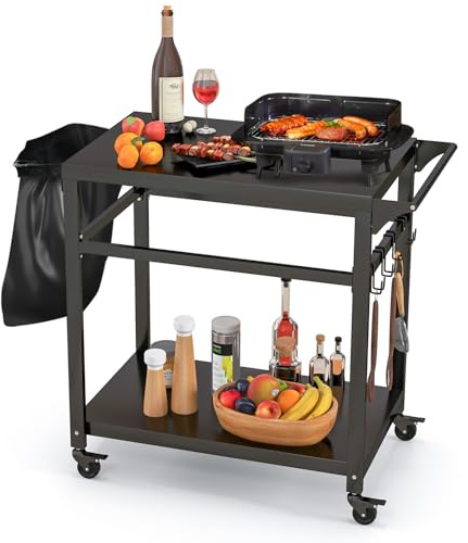 GOPLUS Desserte Jardin Exterieur, Chariot de Barbecue avec 4 roulettes Verrouillables,Desserte Extérieur pour Barbecue, Plancha avec 4 Crochets et Étagère, 108 x 50,5 x 88 cm,Charge 50KG