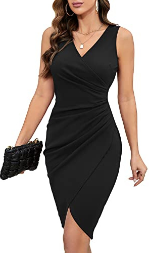 MISSJOY Women's Deep V Neck Sleeveless Ruched Wrap Dress Elegant Bodycon Event Cocktail Party Dresses for Special Occasions Black Large