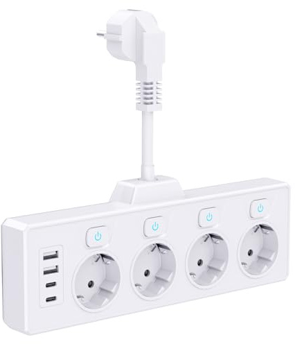 Grenuttag med USB, 4-vägs Förgreningsdosa med 2 USB-A & 2 USB-C (5V 3,4A), 4 Oberoende Strömbrytare Stickpropp med Kabel USB Förgreningskontakt för Kök, Kontor, Hem och Resor