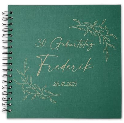 Feenstaub Fotoalbum personalisiert Geburtstag aus Leinen rot, grün, lila, schwarz, Geburtstagsgästebuch mit Namen, blanko Ringbuch 25x25 cm, Erinnerungsbuch für Gäste, für Frau und Mann