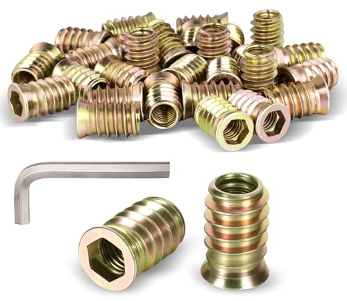 Lot de 30 écrous à visser M10 × 25, insert fileté en bois galvanisé, avec clé Allen assortie, pièce en métal, couleur zinc, résistant à la corrosion, pour la réparation de vos propres meubles, pour la