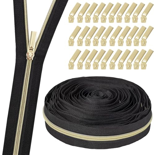 GUBOCA 9 M Reißverschluss,Näh Endlosreißverschluss mit Zipper,mit 30 Stück Reißverschlüsse Zubehör für Taschendekoration (Gold,Schwarz)