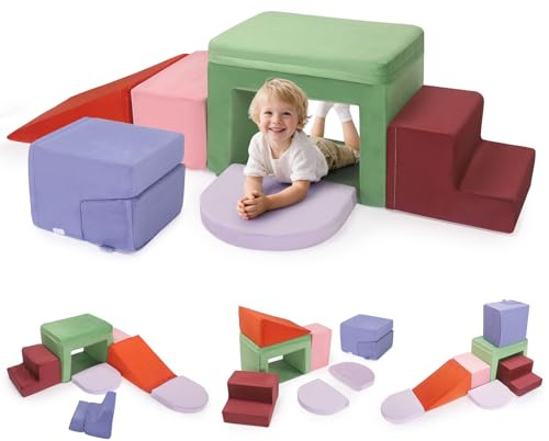 Brolteja Set softplay per bambini da 1 a 3 anni, torre da arrampicata con scivolo, grandi mattoncini per bambini (copertura in tessuto colorato 7)