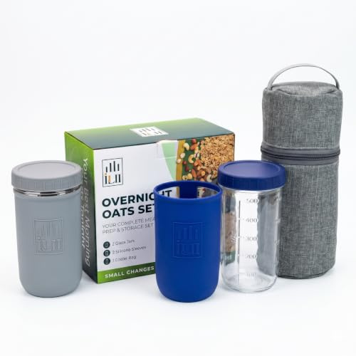 ILII Overnight Oats Gläser 2er Set (2x500ml) inkl. Thermo-Transporttasche & Silikonhülle – Auslaufsicherer Joghurtbecher to go & Müslibecher to go für Meal Prep & Büro