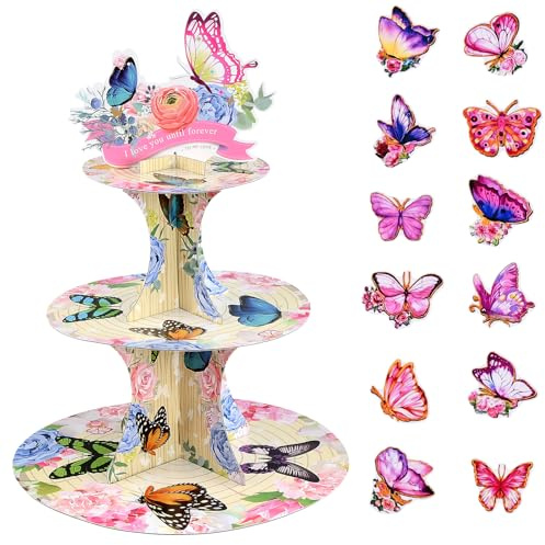 Culinavog Soporte de cartón para tartas de 3 niveles, Stand Redondo Soporte Postre, soporte para tartas de mariposa rosa y decoración de tartas, para vacaciones, bodas, fiestas de cumpleaños