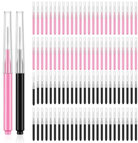 100 PCS Micro Eyebrow Brush, Brow Eyelash Lamination Brushes with Cap, Portable Eyebrow Spoolie Brush Multifunction Mini Brow Spoolies for Eyebrows Extension Tools (Black, Pink)