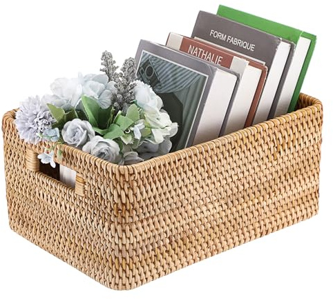 IGNPION Rattan Wicker Storage Opened Basket, Decorative Multipurpose Storage Bin for Shelves, Bathroom, Kitchen, Living Room, Office 35x25x16cm
