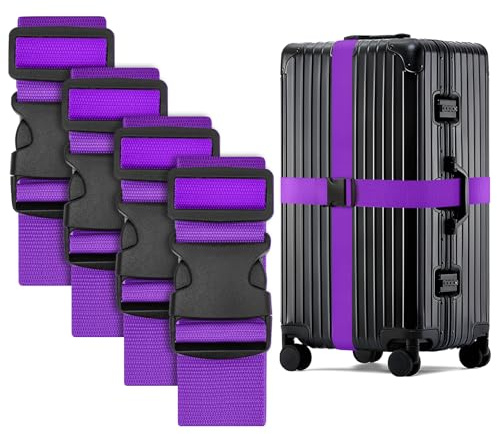 WISYOK Koffergurt, 4 Stück, 130-250cm, Lila, Kofferband Gurt Auffällig | Erweiterte Koffergurte, Sicher Kofferbänder, Robuster Koffer Gurtband, Luggage Strap für Reisen, Flugreise, Urlaub, Gepäck