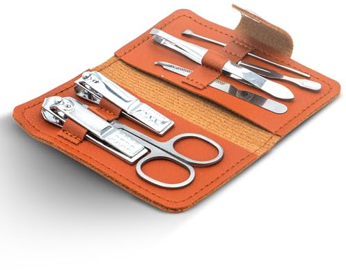 Set Manicure 7 in 1 con Pochette - Kit Unghie Mani e Piedi da Viaggio con Pinzette Tronchesi Forbicine Lime - Elegante Compatto e Multiuso