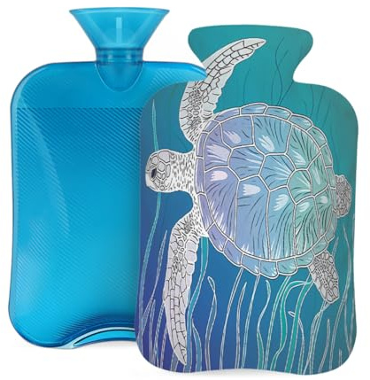 Myfsucce Wärmflasche mit Bezug, Meerestier-Schildkröten-Druck, wiederverwendbarer PVC-Wärmbeutel zur Schmerzlinderung, Krämpfe und Wärme, 31 x 20,3 cm, 2 l