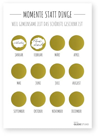 GLEDESTUND „Momente statt Dinge“ – Gutschein-Kalender DIN A4 mit 12 goldenen Rubbelstickern | Zeit statt Zeug Geschenk | Date-Kalender für Paare & Freunde | Ganzjährig, personalisierbar (Schlicht)