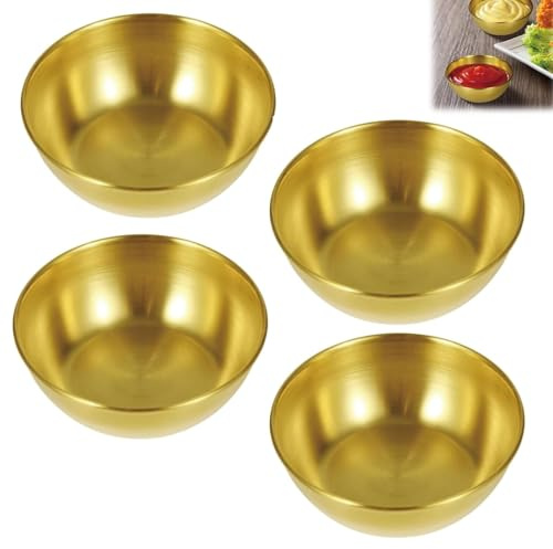 MmotZsb 4 Stück Goldene Schale Edelstahl Schüssel, Dip Schälchen Klein 8,2×3CM 120ml, Mini Saucenschälchen, Metallschüssel Für Dips, Saucen Und Gewürze, Ideal Für Party, Restaurant Und Zuhause