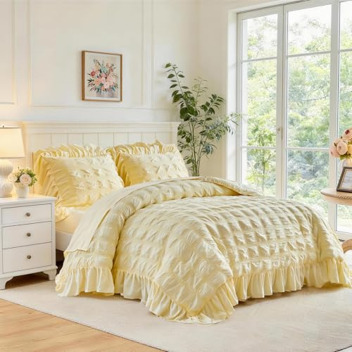 Flysheep Yellow Plaid Seersucker Comforter Set with Ruffled Fringe Queen Size, 3 Pieces Lightweight Soft Fluffy Farmhouse Bedding Set for All Season, Elegant Bed Set with Ruffle Shams (Yellow, Queen)