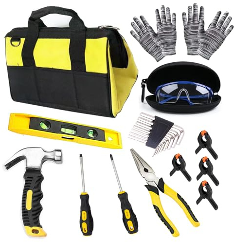 QeeHeng Kinder Echtes Werkzeugset, 24 Stück Holzbearbeitungswerkzeuge mit Werkzeugtasche, inklusive Klauenhammer, Zange, Schraubendreher, Wasserwaage, Schutzbrille, Handschuhe