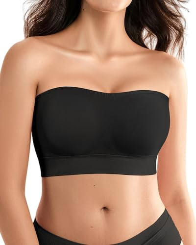 SHARICCA Axelbandslös bh för kvinnor utan bygel – sömlös push-up bandeau BH med halkfri silikon – strapless BH som bralette & tub top – vadderad bygellös bh för kvinnor, svart, XS