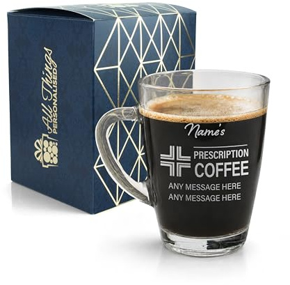 Engraved Coffee Cup, Personalised Prescription for Coffee Design, 300ml or 10.5oz Capacity, Glass Coffee Cup, Gift Boxed, Funny Gift