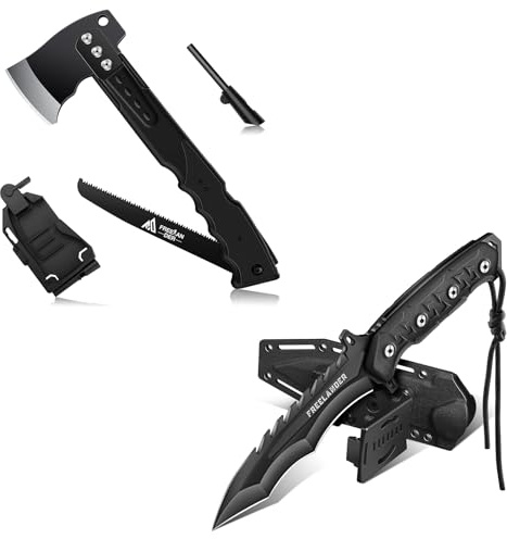 Freelander Scharfe Axt 5-in-1 mit Säge, Camping Beil und Survival Messer Outdoor Feststehendes aus D2 Stahl