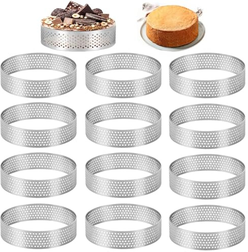 SVUPUE Tartelettformar, 12 stycken mousse tartelettformar, 8 cm tårtringar med hål, dessertringar, rund kakform kakringar nonstick tårtbladsformar, för tillverkning av kakor