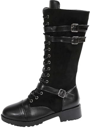 Generisch Botas de ante hasta la rodilla con tacón de plataforma con cordones para mujer cómodos botines de invierno con acolchado suave suela resistente, Negro , 37 EU