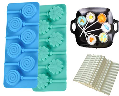 Moldes de Cake Pop de Silicona para Piruletas Haciendo - Forma de Flor e Espiral Molde de Silicone para Lollipop/Chocolate/Caramelo/Hielo - Viene con 100 Palitos de cartón - Moldes Color al Azar