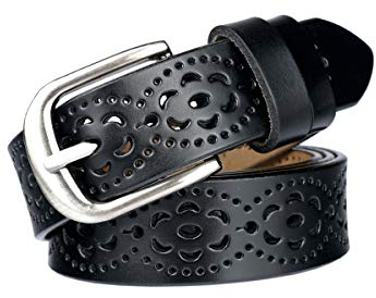 lalafancy Ceinture Vintage Véritable en cuir de vachette pour femme Mode Creuse Fleur Design Ceinture pour femme avec boucle en alliage pour Jean (Noir)