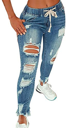 KUNMI Women High Waist Skinny Stretch Ripped Jeans Destroyed Denim Pants Plus Size Blue