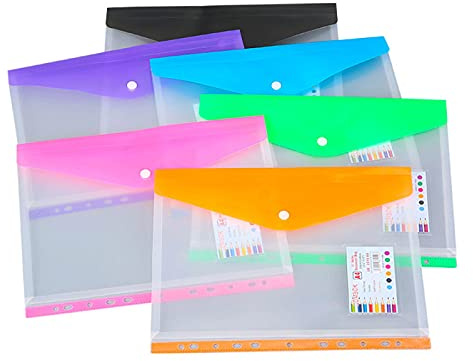 Dokumententaschen A4 6 Stück, 6 farbige Dokumentenmappe Brieftaschen, Dokumenten Mappen Brieftaschen Tasche für Organisieren mit 11 Lochrand und Etikettentasche, mit Druckknopf, transparent