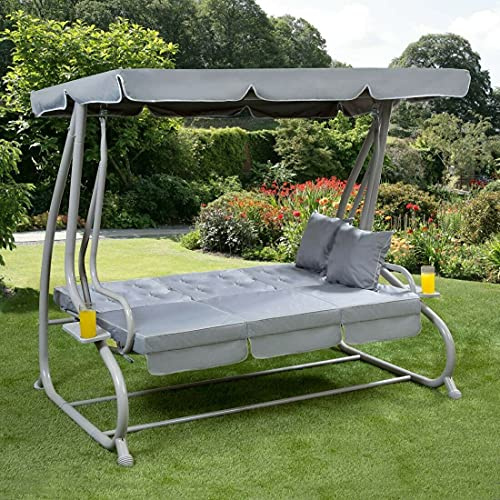 Garden Store Direct 3 Seater Swing Chair Garden Outdoor Patio Hammock Seat Bench Luxury + 2 Free Pillows Grey