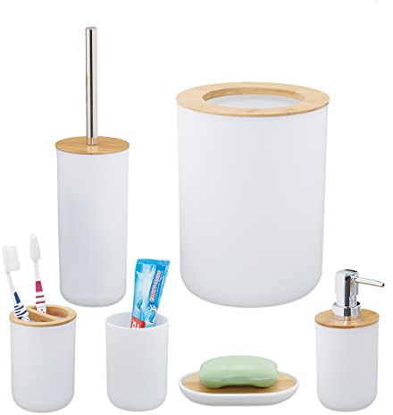 Relaxdays Badezimmer Set, 6-teilig, Badaccessoires Kunststoff, Bambus, komplette Badezimmerausstattung, Badset, weiß