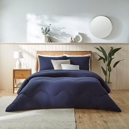night owl - Coverless Duvet - 4.5 Tog - King - Pure Cotton Collection - Natural Cotton Waffle - Luxury Bedding - Machine Washable - Navy Blue