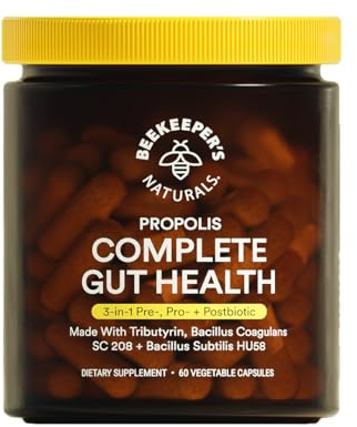 Complete Gut Health by Beekeeper's Naturals, 3-in-1 Prebiotic, Postbiotic, Probiotics for Digestive Health & Bloating Relief for Women & Men, Propolis Powered, Gluten-Free Vegan Capsules, 60ct