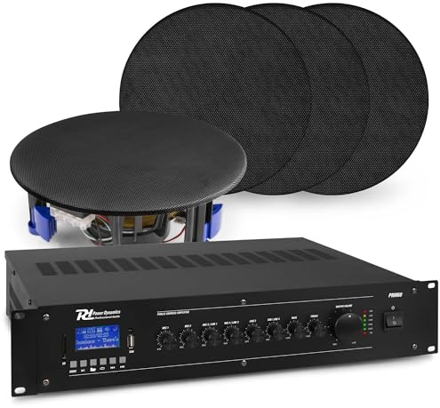 Power Dynamics PRM60 PA Verstärker + 4 Schwarze Bluetooth Deckenlautsprecher Flach, 5,25, 60W Verstärker mit Bluetooth - 100V Soundsystem inkl. Kabel, Einbaulautsprecher Decke für Hintergrundmusik