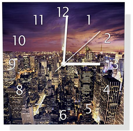 Wallario Design Wanduhr New York bei Nacht - Panoramablick über die Stadt aus Aluverbund, Alu-Uhr Größe 30 x 30 cm, weiße Zeiger mit Metalloptik