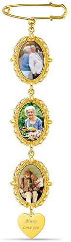 Custom4U Personalisierte 3x Fotoanhänger Brosche für Memorial Brautstrauß Anhänger mit Bild Damen Herren Edelstahl Broschen & Anstecknadeln Gold Ansteckblume Bräutigam DIY Schmuck Hochzeit